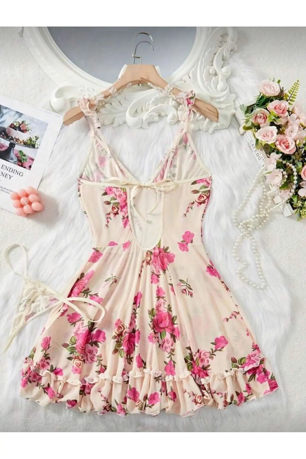 Bej Pembe Güllü Gecelik