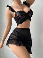 Siyah Gece Danteli Takım Tanga Hediyeli