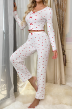 Beyaz Kalpli Yumuşak Pamuklu Fiyonk Detaylı Uzun Pijama Takımı
