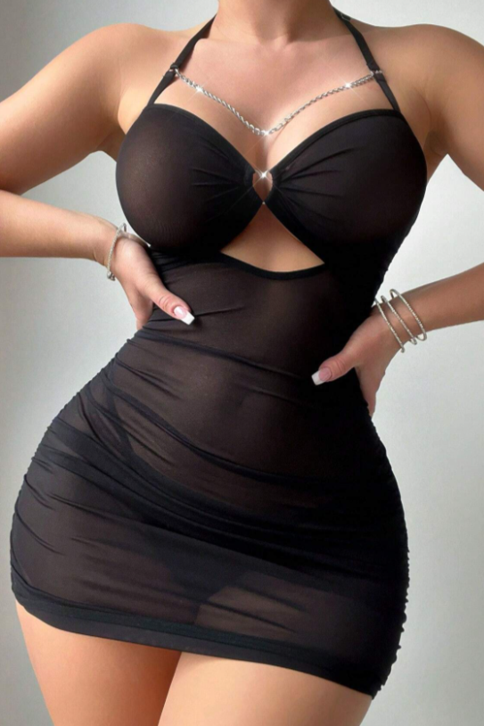 Kadın Siyah Tüllü Transparan Şık Takım - Tanga Hediyeli 1