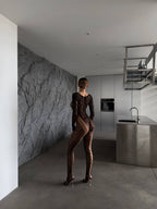 Siyah Dantel Detaylı Vücut Çorabı