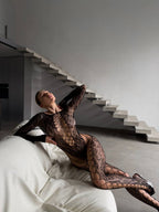 Siyah Dantel Detaylı Vücut Çorabı