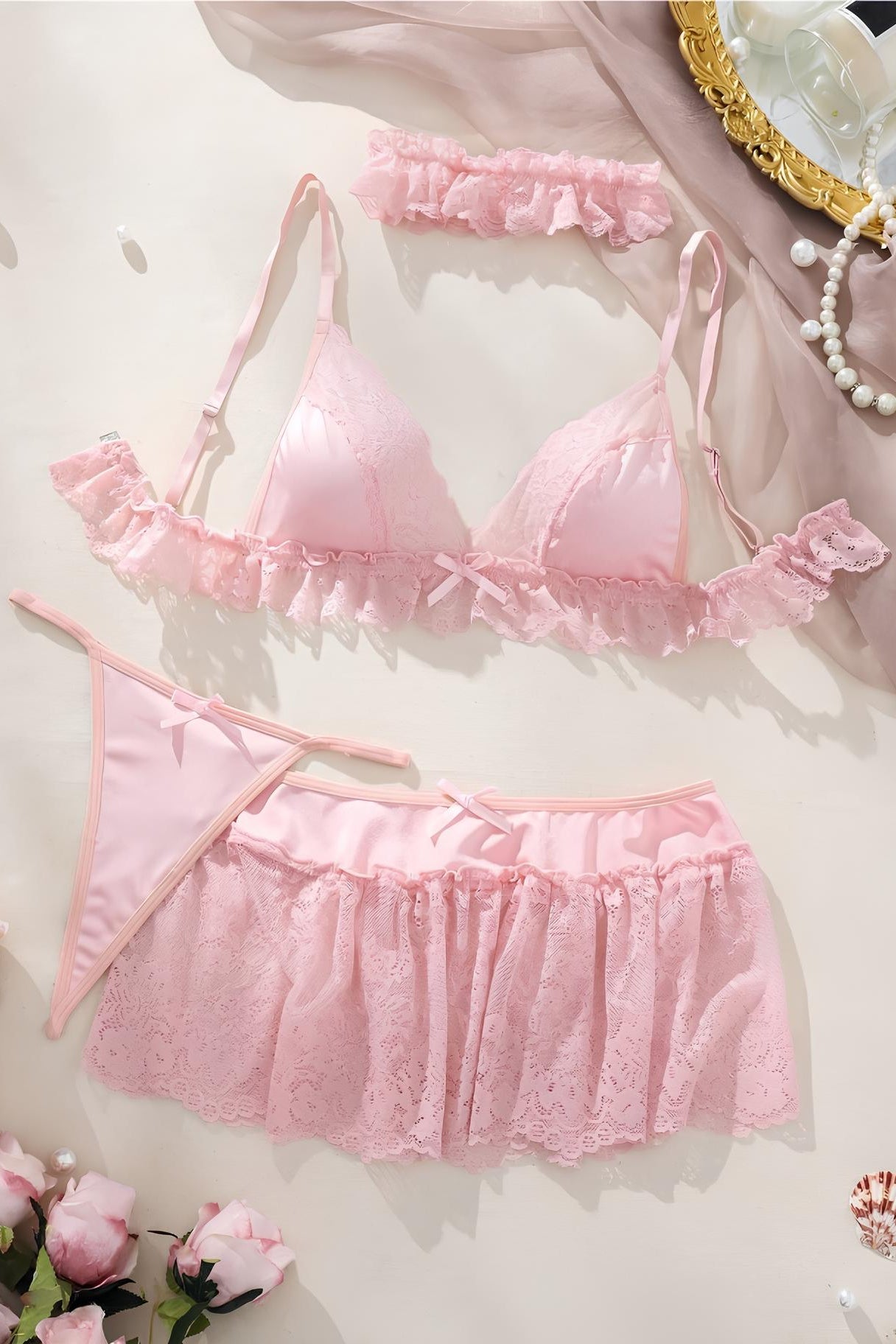 Kadın Pembe 4 Parça Dantelli Jartiyer