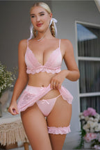 Kadın Pembe 4 Parça Dantelli Jartiyer