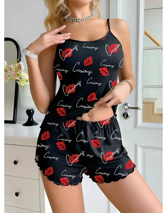 Siyah Öpücük Desenli Şortlu Pijama Takımı