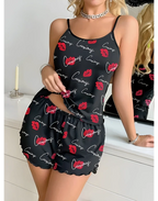 Siyah Öpücük Desenli Şortlu Pijama Takımı