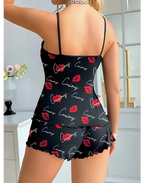 Siyah Öpücük Desenli Şortlu Pijama Takımı