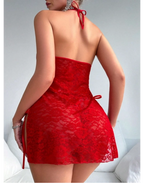 Kırmızı Yandan Bağlamalı Dantelli Kostüm Tanga Hediyeli