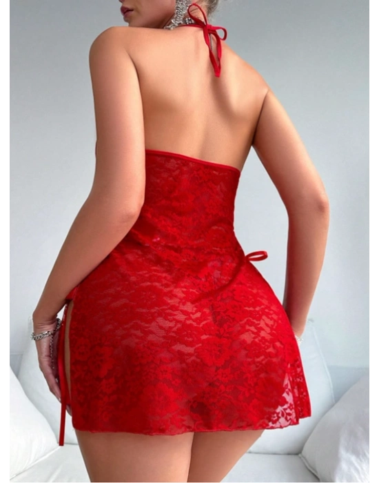 Kırmızı Yandan Bağlamalı Dantelli Kostüm Tanga Hediyeli