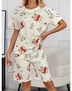 Krem Pamuklu Ayıcık Baskılı Şortlu Gecelik