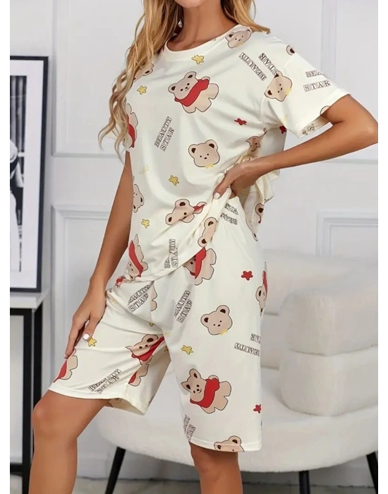 Krem Pamuklu Ayıcık Baskılı Şortlu Gecelik