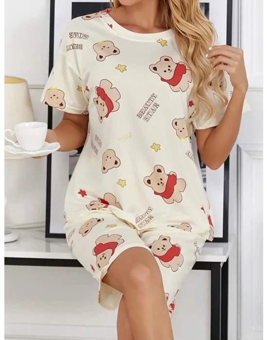 Krem Pamuklu Ayıcık Baskılı Şortlu Gecelik